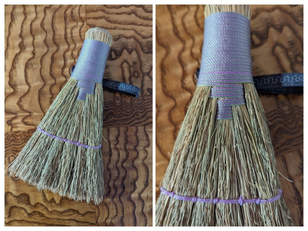Small Stitched Whisk Hand Broom - Lavender, Pale Green with Fabric Hangtag - Overview photo and detail of stitching