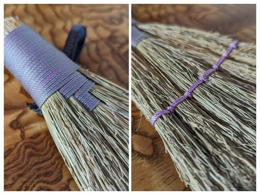 Small Stitched Whisk Hand Broom - Lavender, Pale Green with Fabric Hangtag - Detail photos of weaving and stitching