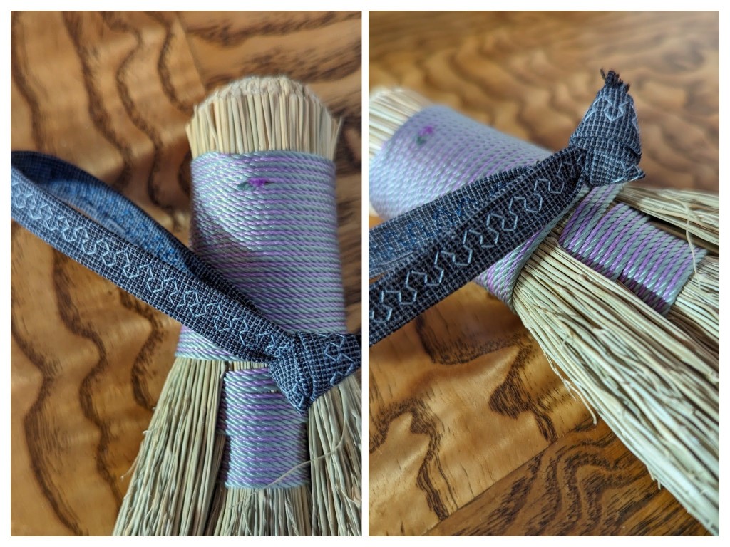 Small Stitched Whisk Hand Broom with Fabric Hangtag, which is reclaimed blue fabric with machine stitching