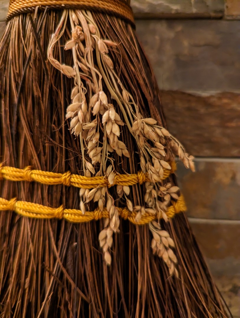 Detail of Stitched Hearth Broom - Bark - Extra Long Handle
